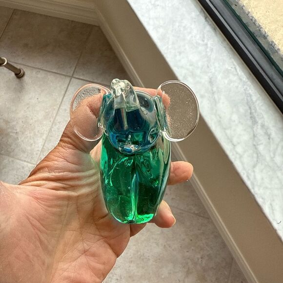 Blenko Glass Elephant Paperweight Green Teal Art Glass Trunk Up Figurine - Picture 2 of 6